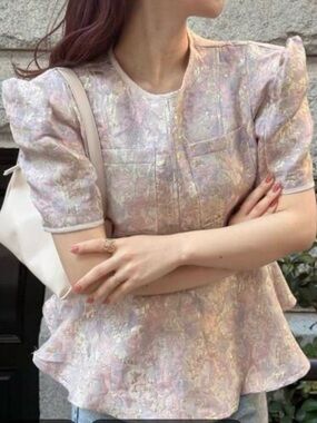 Friful Pink  floral jacquard puff-sleeve peplum blouse/cute cottagecore size L